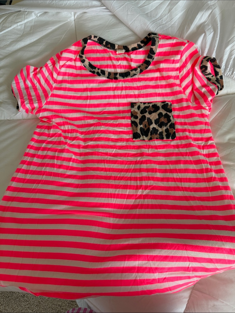 Neon Pink & White Striped Tee with Leopard Pocket